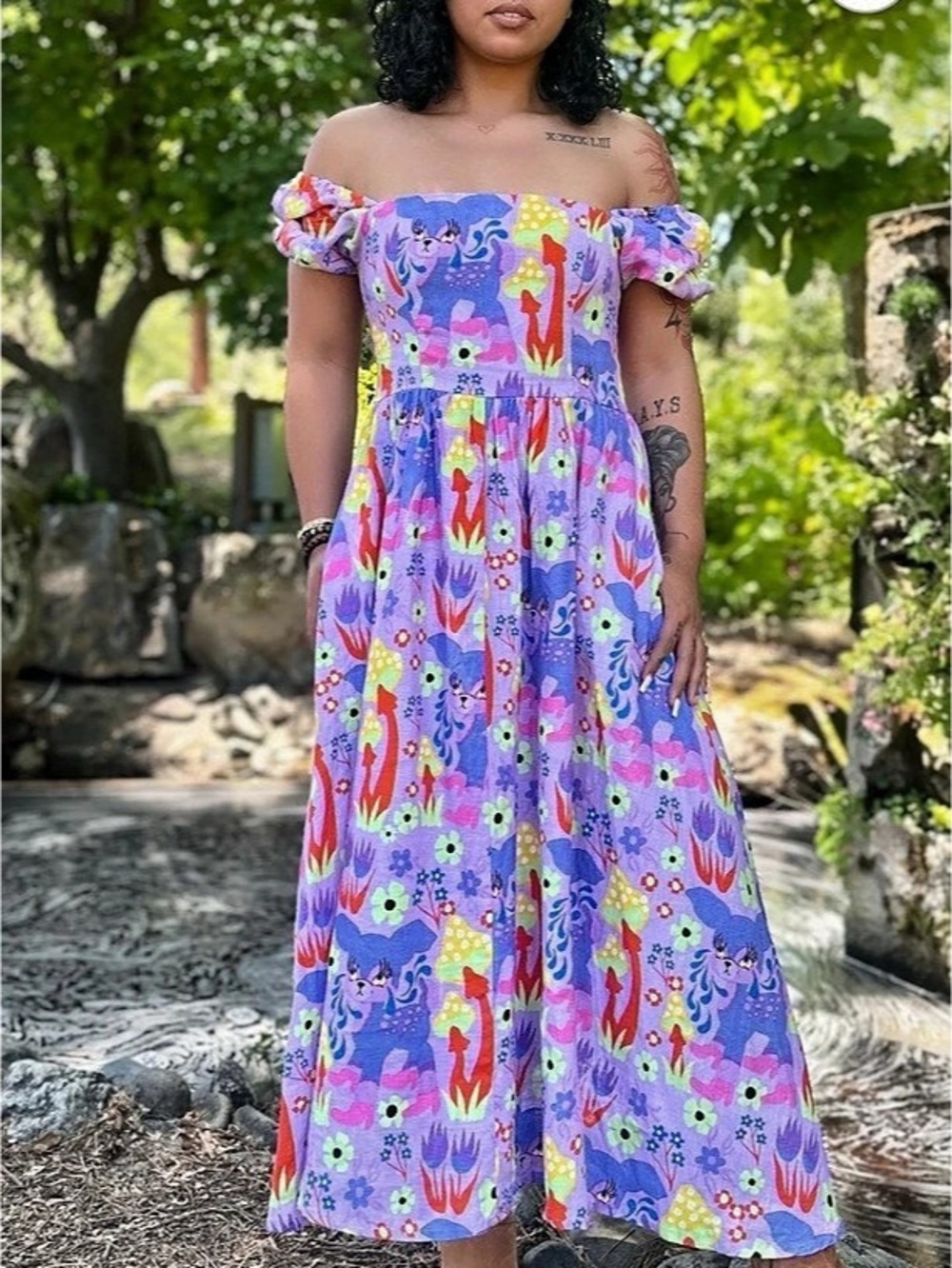 Nooworks linen Cry Baby print Off-Shoulder Dress in Purple size M